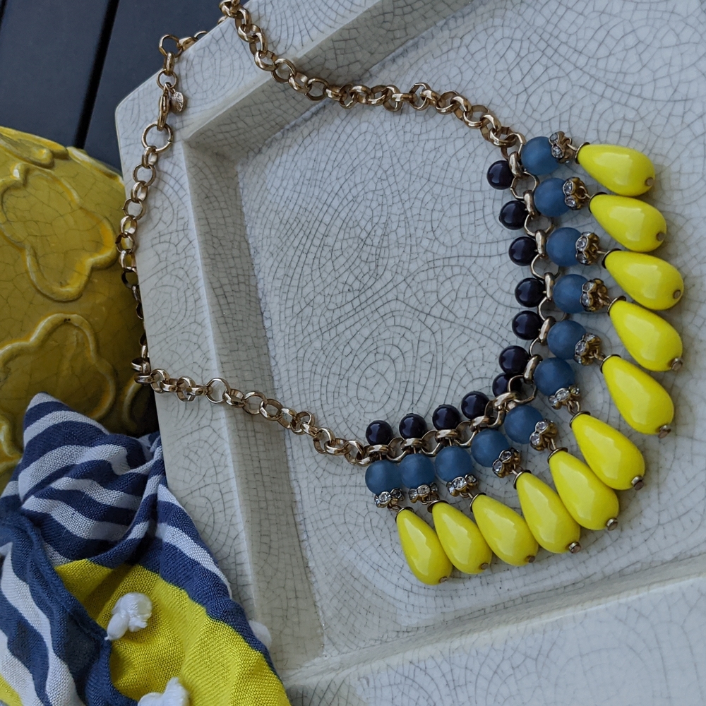 J. Crew Blue & Yellow Beaded Gold Necklace with Crystal Detail